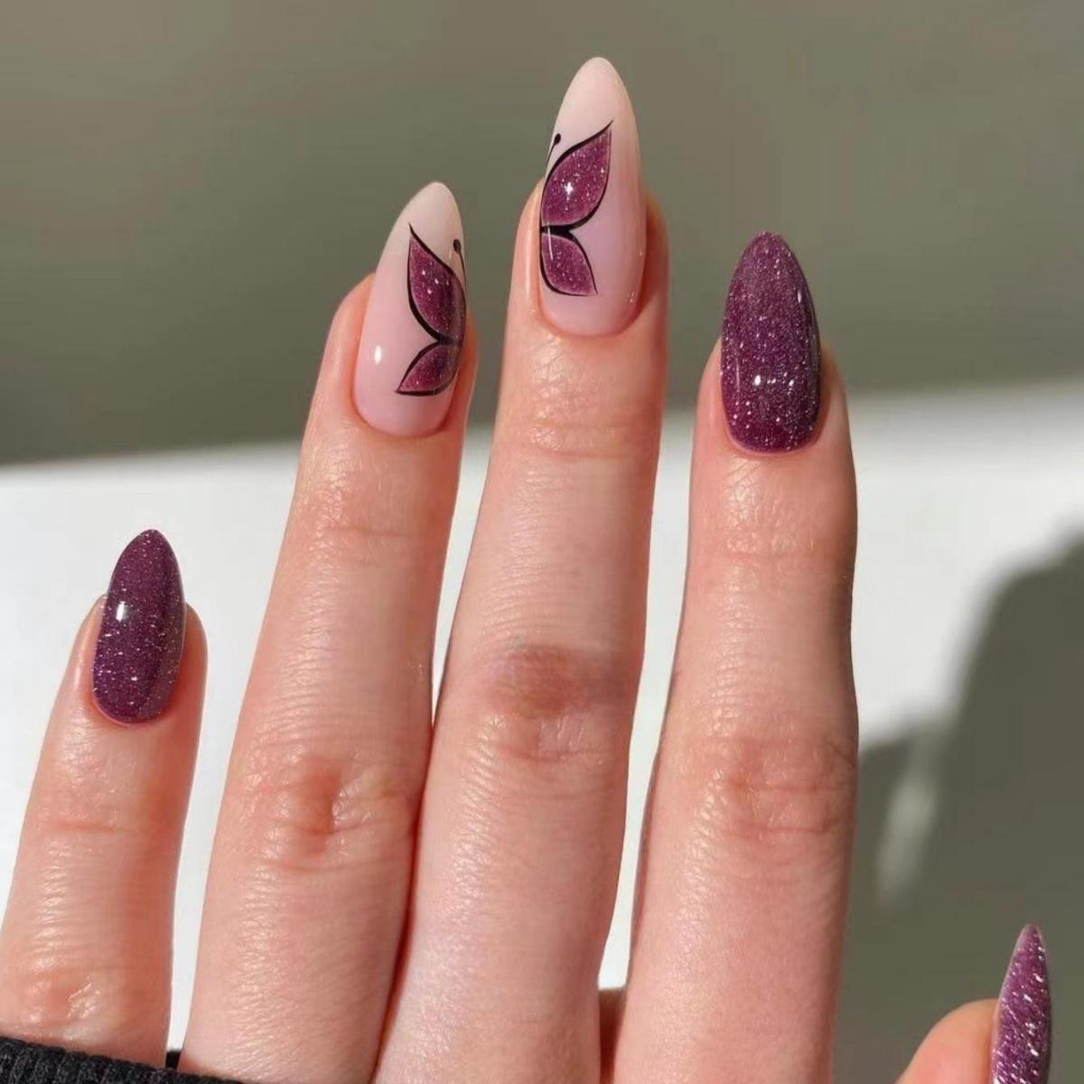 Nail Art Piece Long Water Drop-Shaped Purple Glitter Butterfly Nail Art Wearing Nail Ins Fake Nail Nail Art Patch *4pcs