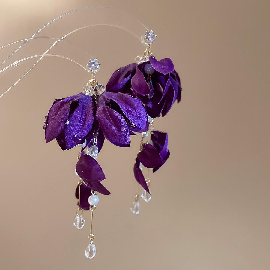 Hyperbole Colorful Cloth Imitation Pearl Glass Beads Flower Long Tassel Dangle Earrings For Women Real Gold Plated Copper