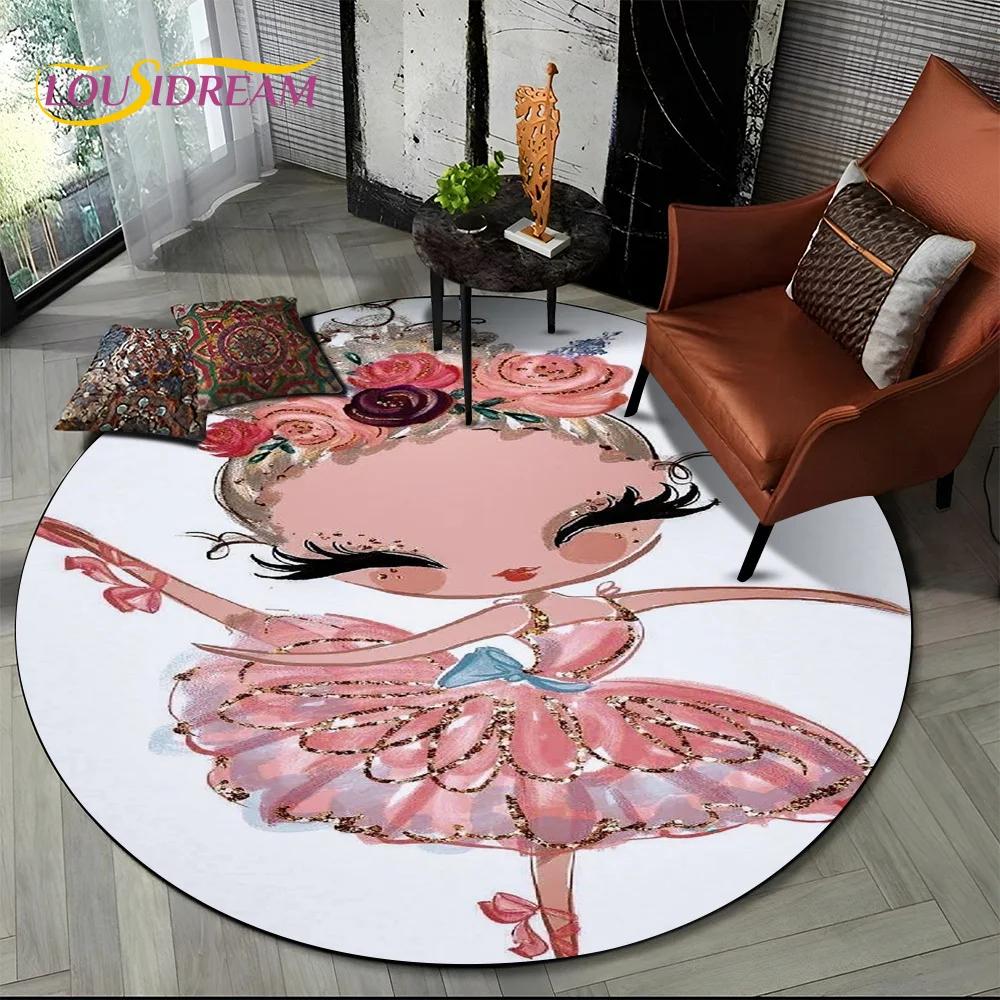 Ballet Girl Cartoon Flower Fairy Ballerina Round Carpet Rug for Living Room Bedroom Child Decor,Pet Area Rug Non-slip Floor Mat