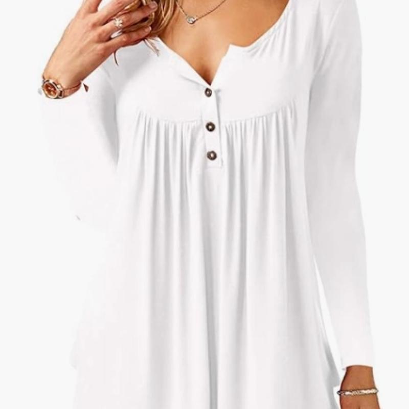 Women's V-Neck Button Pleated Long Sleeve T-Shirt Loose Top