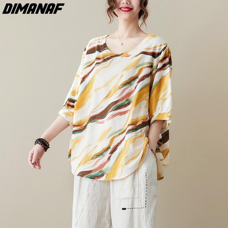 

DIMANAF 2023 Футболка Новый Летний Стиль Винтажный Принт Повседневная Женская Свободная Рубашка Футболки Принт Большой Размер Свободная Футболка
