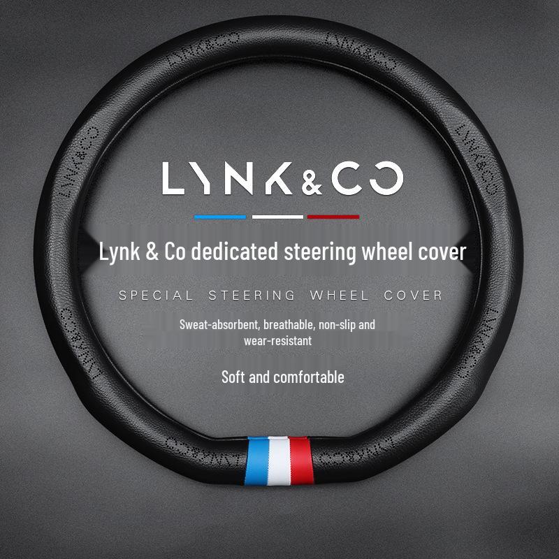 

Genuine Leather Steering Wheel Cover for Lynk & Co - All-Season, Breathable, Non-Slip, Perforated Design D-shape with Tri-color Mark