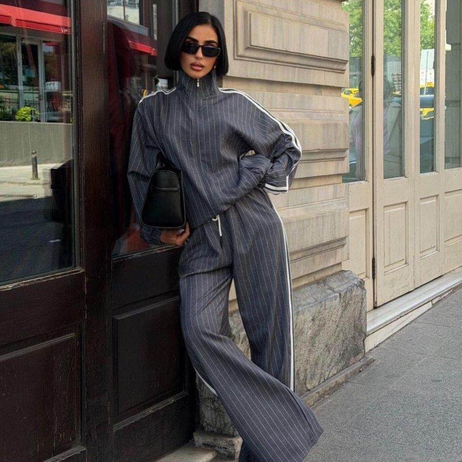 2026 New Striped 3 Stripe Track Suit for Women Zip Up Jacket High Waist Wide Leg Pants 2 Piece Set