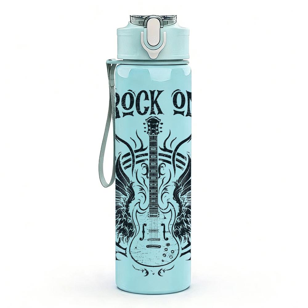 1PC Rock On Wing Guitar Graphic,750ml Color Plastic Sports Water Bottle,Leakproof Flip Straw Lid,Suitable for Sports Office Home Use