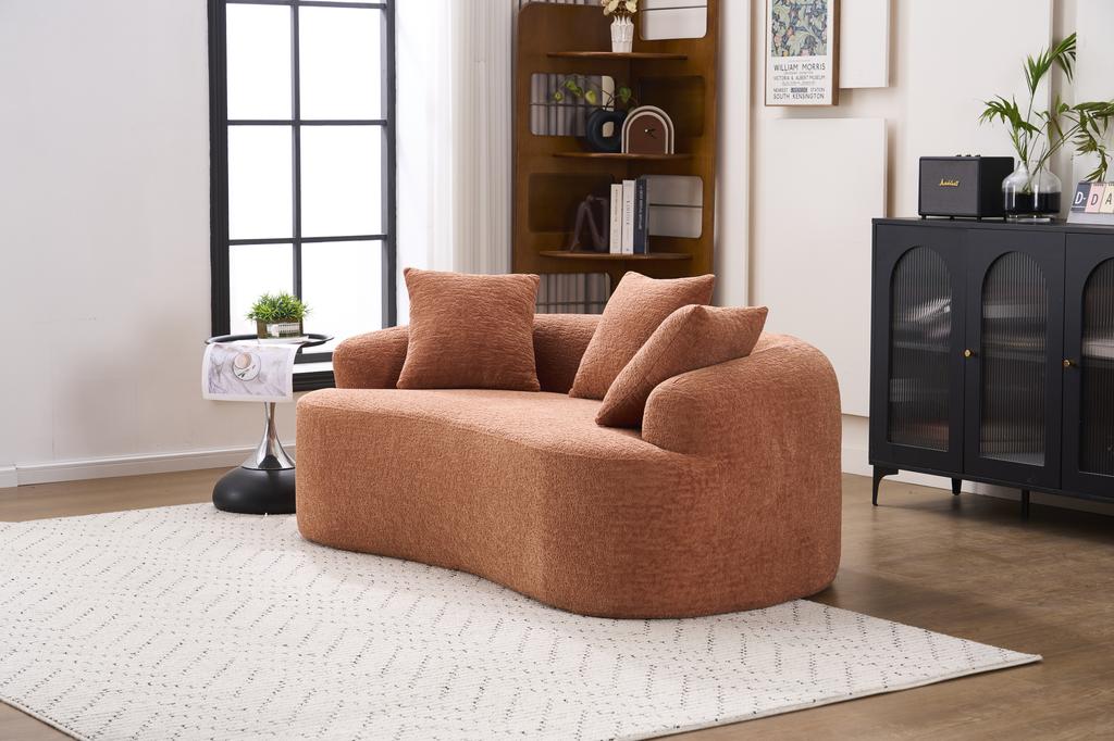 Modular, Curved Two-seater Sofa, Contemporary Style, Including Three Decorative Cushions, Ideal for Small Apartments, No Assembly Required, Coral Pink