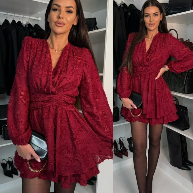 New Fashion Vintage Lantern Sleeve Party Club Dress Women Elegant Slim Loose Sexy Red Casual Dresses Women High Waist A Line Ruffled Black Dress 26060