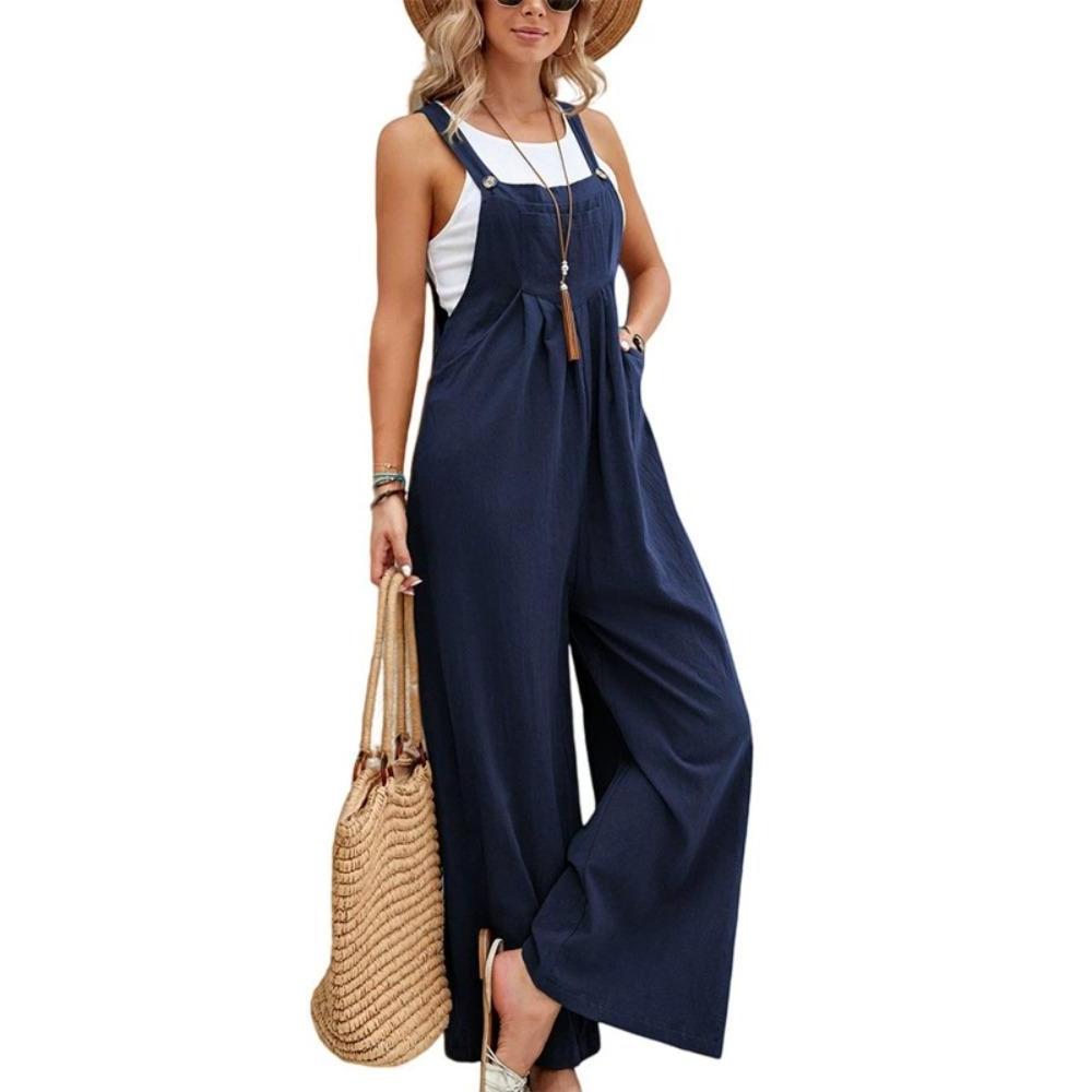 Overalls mit weitem Bein für Damen, lässig, aus Baumwolle und Leinen, lockerer Umstands-Jumpsuit für den Sommer und den Strand