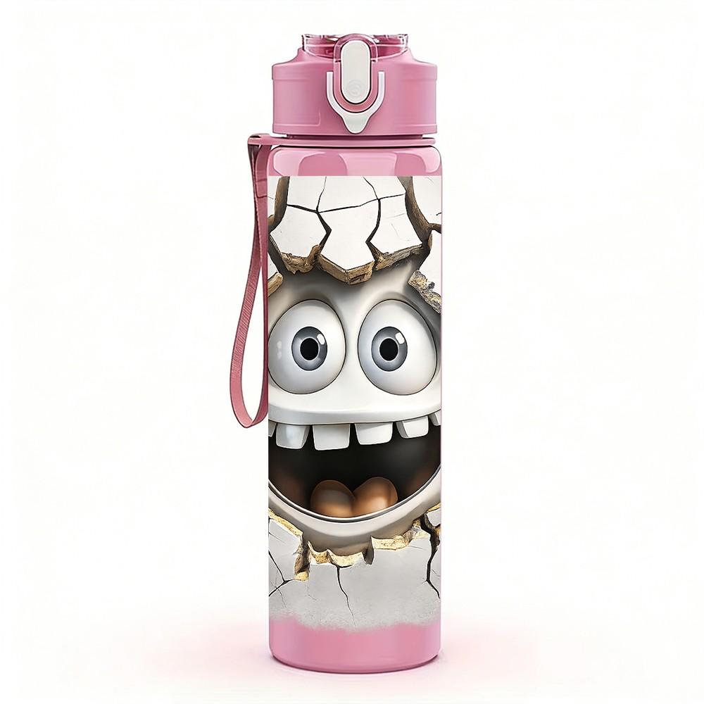 1PC Crack Wall Monster Face Cartoon Print 750ml Color Plastic Sports Water Bottle Leakproof Flip Straw Lid Suitable for Sports Office Home Use