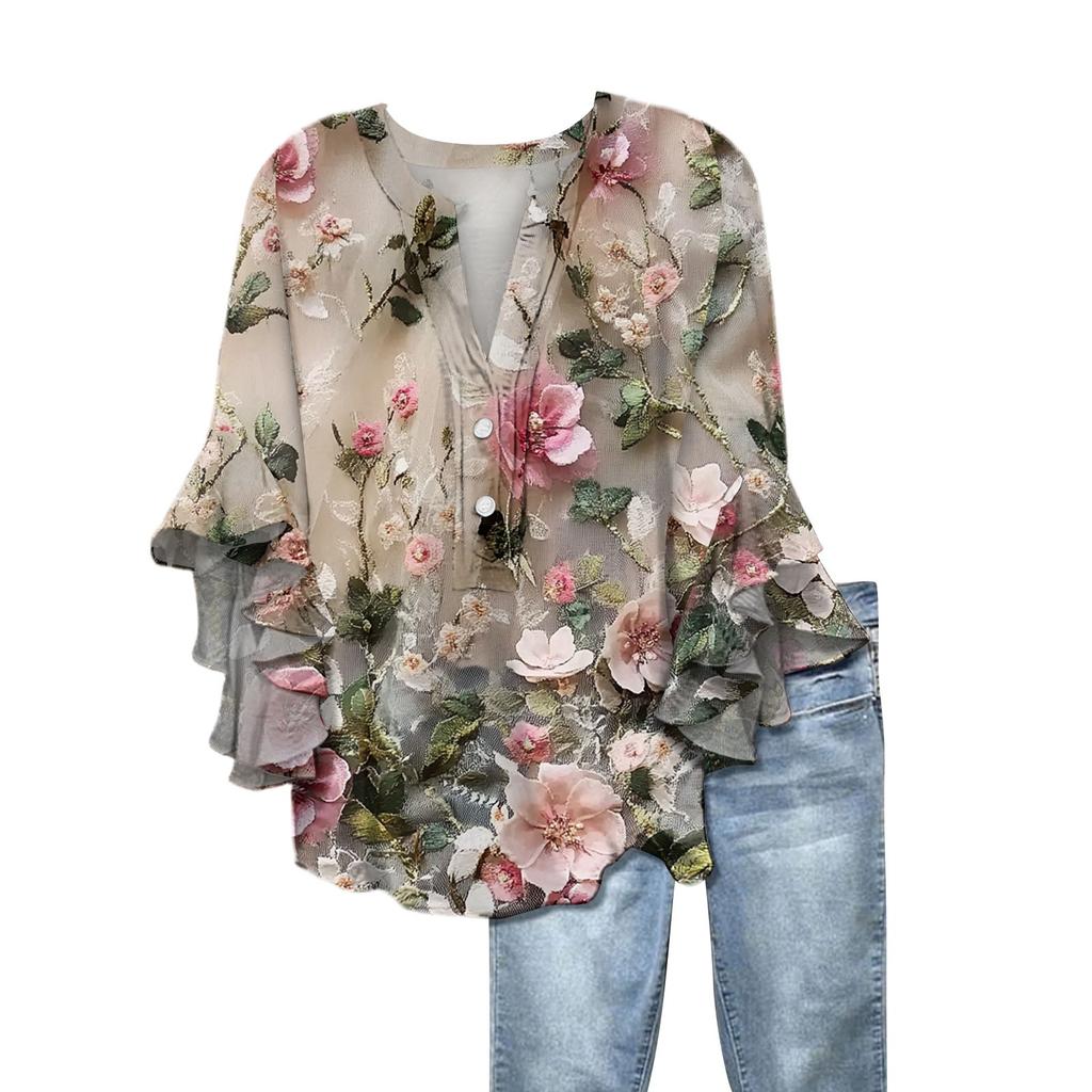 Summer Tops For Women Cute V Neck 3/4 Sleeve Blouses Floral Print Top Casual Shirts
