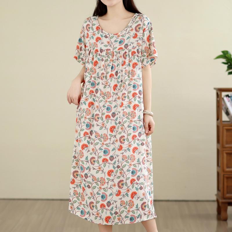 DIMANAF New 2026 Summer Beach Women Plus Size Lady Long Dress Loose Oversize Cotton Vintage Floral Print