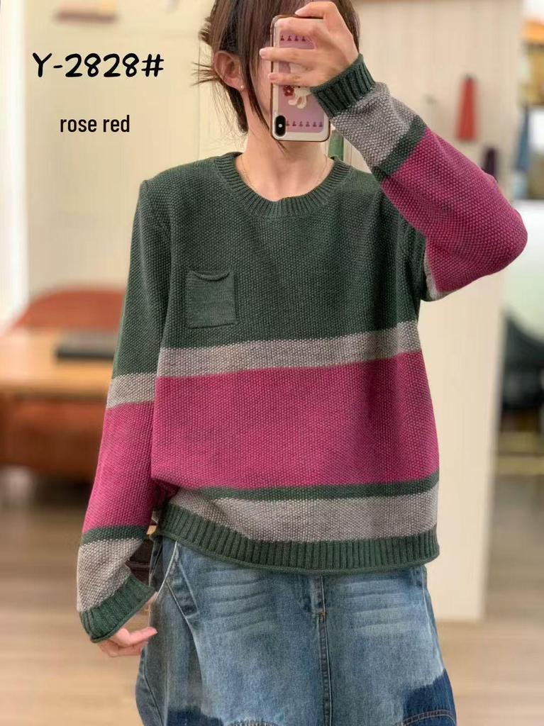 Women's Color Block Cotton Yarn Sweater - Autumn Winter, Round Neck, Korean Style, Loose Fit Casual Knitwear