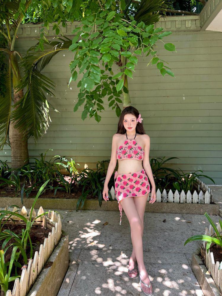 Strawberry Knit Halter Skirt Swimsuit: Cute 3-Piece Set for Women