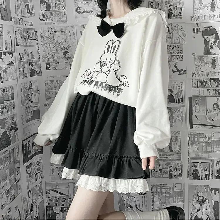 Bílá krajková minisukně pro ženy Dívčí Krátká sukně řadového střihu Kawaii Roztomilé Preppy Style Studentské oblečení s vysokým pasem