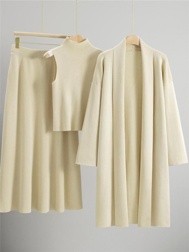 Korean Casual High Neck Knit Cardigan & Wide-Leg Pants Three-Piece Set for Women - Autumn/Winter Style