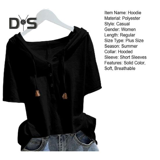 Women Hoodie Short Sleeves Hooded Drawstring Solid Color Loose Soft Casual Pullover Breathable Ladt Summer Top