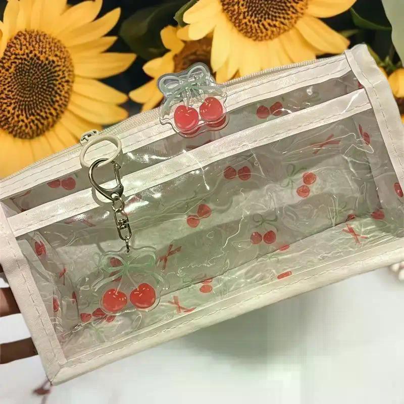 Sweet Cherry Transparent Pencil Case Large Capacity Student Stationery Zipper Pen Bag School Supplies Makeup Storage Bag
