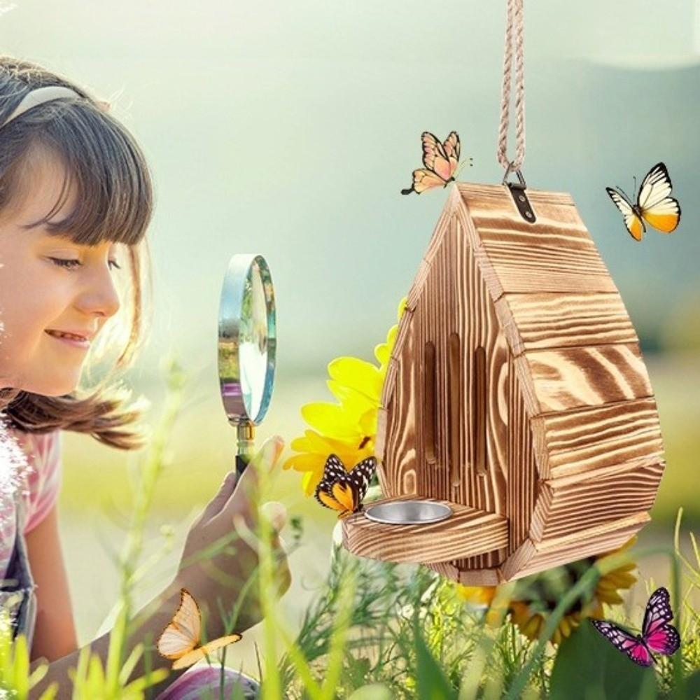 Rustic Wood Butterfly Bee House Teardrop Shaped Butterfly Habitat Shelter Patio Decor