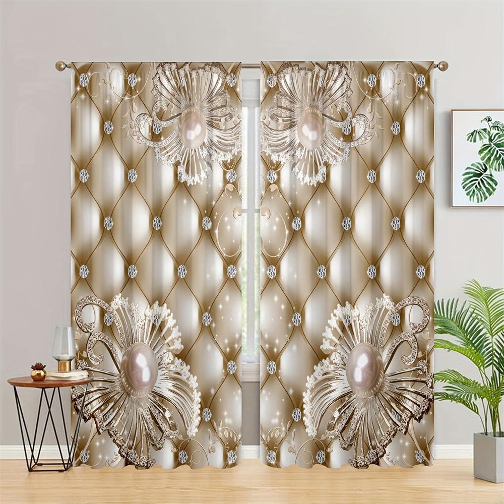 2Pcs Luxury Pearl Gold Flower Diamond Rose Window Treatment Curtains Blinds For Living Room Kids Bedroom Kitchen Door Home Decor