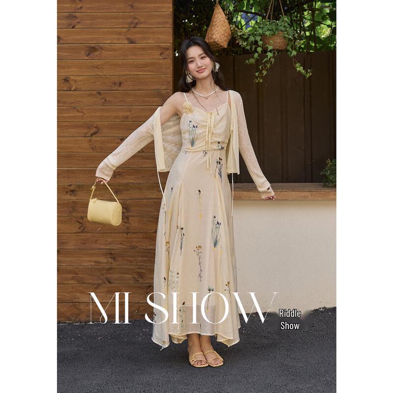 French Style Tencel Embroidered Floral Midi Slip Dress L абрикосовый
