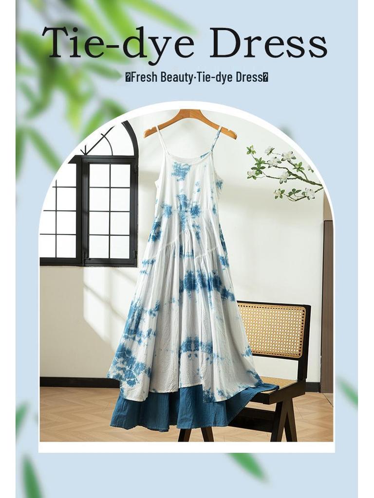 Yunnan Dali Tie-Dye Blue Spaghetti Strap Dress - Women's Resort-Style Fashion