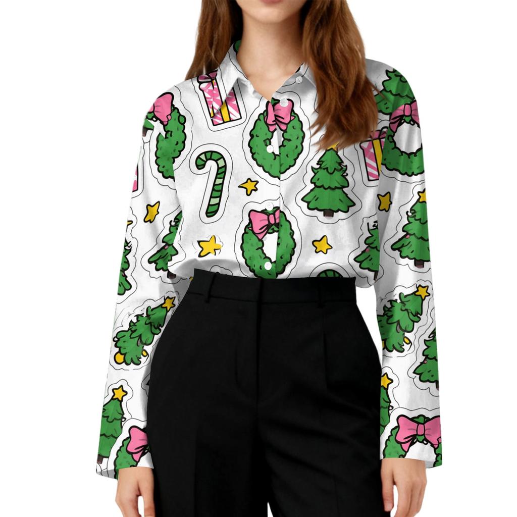 Women's Casual Christmas Print Long Sleeve Cardigan Top for Holiday Festive Wear