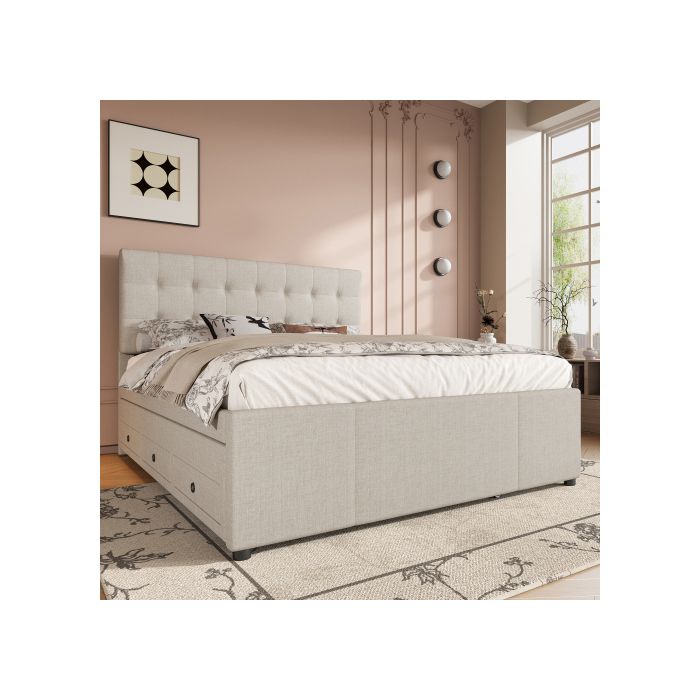 Doppelbett - MUVOE - 140x200 cm - Beige - Stauraumschubladen - Verstellbares Kopfteil
