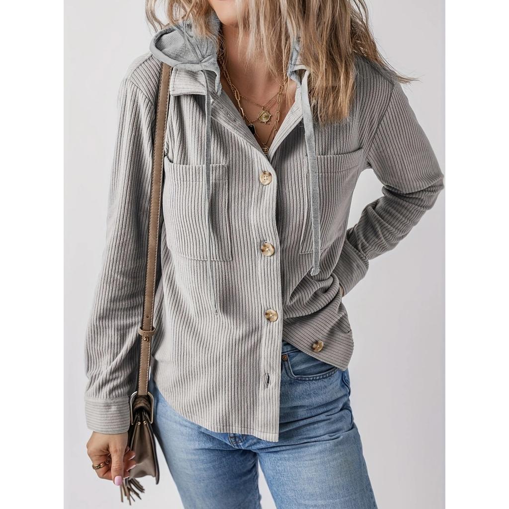Women's Corduroy Jacket Casual Long Sleeved Hooded Button Down Short Jacket with Pockets