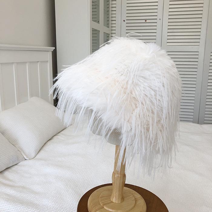 Imitation Ostrich Fur Bucket Hat Women White Tassel Cool Exaggerated Fisherman Hat Winter Fur Warm  Plush Fluffy Hat