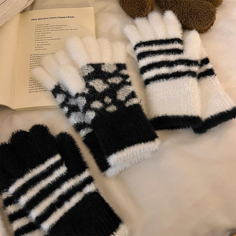 Fingerless Gloves with Touch Screen for Women Autumn and Winter Leopard Print Warm and Thickened Knitted Fingerless Woolen Gloves