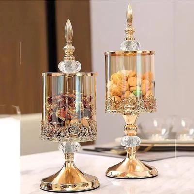 Light Luxury Crystal Glass Jar with Lid – European Style Candy Jar, Elegant Lace Storage Container for Living Room Coffee Table Decor
