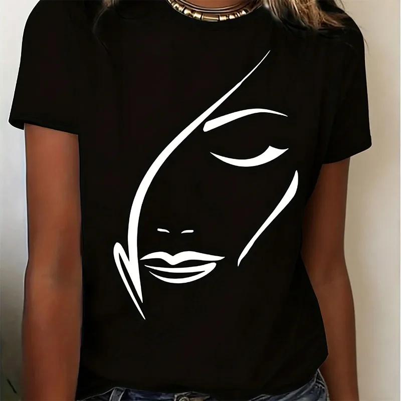 Line Face Print Tshirts For Unisex Summer Casual Fashion Minimalist Loose Streetwear Tops High Quality Oneck Short Sleeve Tees