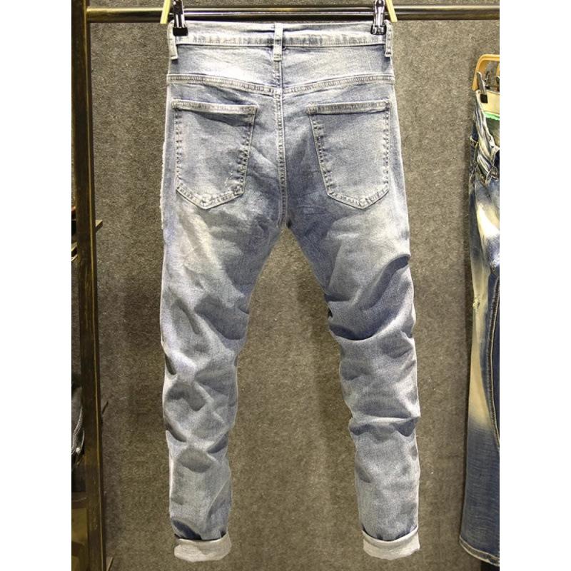 Washed light-colored nine-point jeans men's spring and autumn slim-fitting pants micro-elastic trendy pants Korean version trendy and versatile