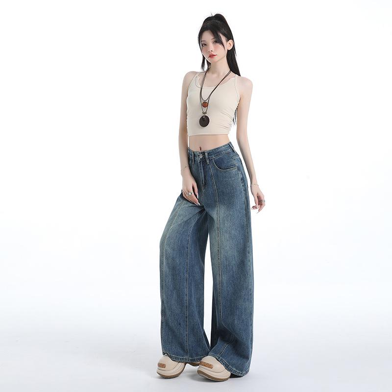 Women's High-Waisted Retro Straight-Leg Jeans - Loose, Slimming, Floor-Length Design for Autumn