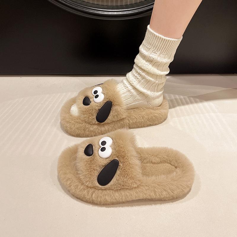 Aphixta 2024 Chaussons Mignons Chien Chaud Hiver Fourrure Femmes Chaussons d'Intérieur Chaussures Oreilles Poilues Chaussures Chambre Talon Plat Poils