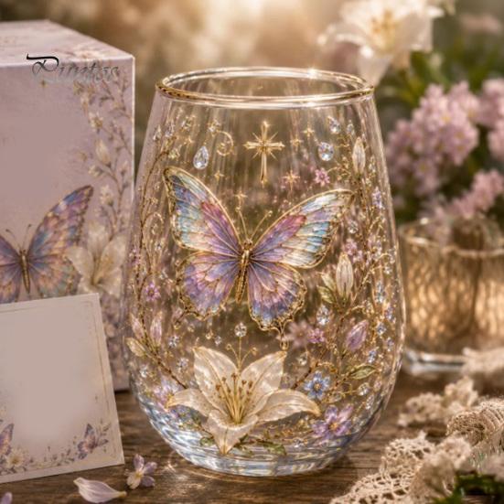 Retro Enamel Style Cup Hand Painted Glass Tumbler, Egg Shaped with Gold Rim, Clear Lead-Free Ocean Turtle Pattern Mug for Tea Coffee Wine Juice
