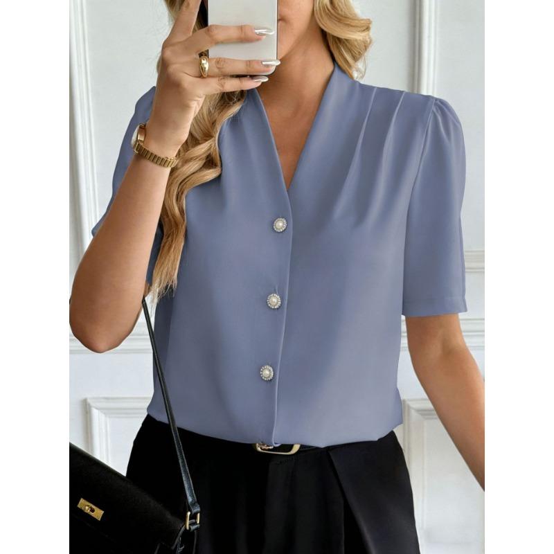Women's New Summer V-neck Fashion Button Casual Business Short-sleeved Shirt