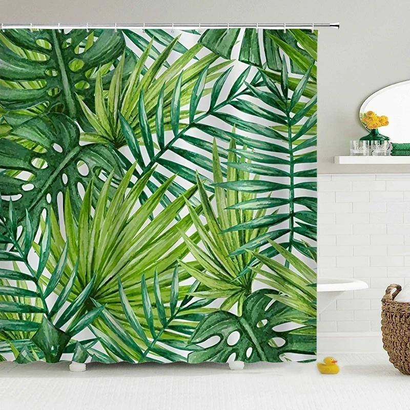 3D Printed Green Tropical Plants Shower Curtains Bathroom Waterproof Polyester Leaves Bath Curtain Shower Curtain Bath Screen