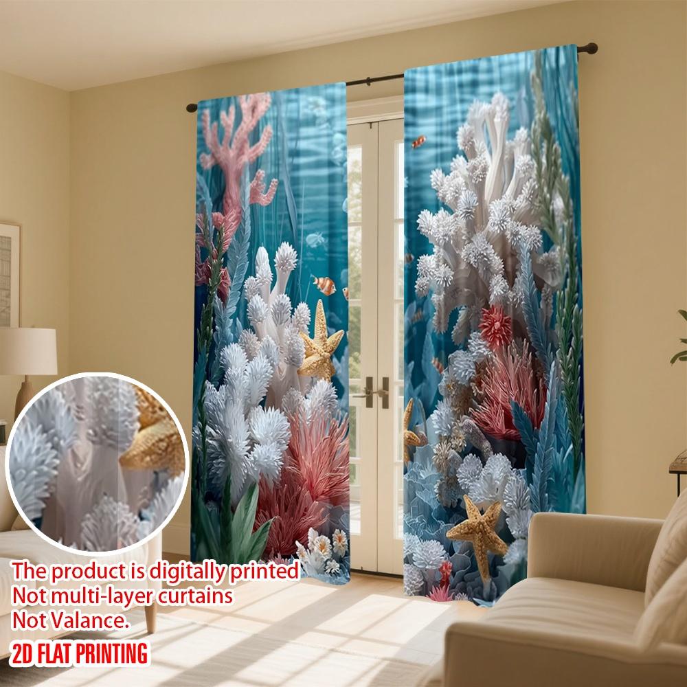 Set Of 2 Flat Printing Curtains Blue Ocean Shell Starfish Coral Digital Printed Polyester Drapes Party Decorations New Curtain
