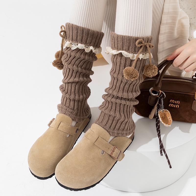 Boots Still Cotton Socks Cover Flanging Ball Bow Stacking Socks Lolita Girl Lace Coffee Calf Cover