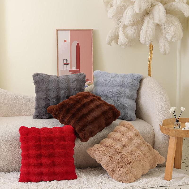 Faux Rabbit Fur Bubble Plush Cushion Cover Soft Fluffy Skin Friendly Decorative Square Rectangular Pillow Case for Sofa Couch Bedroom Home Decor