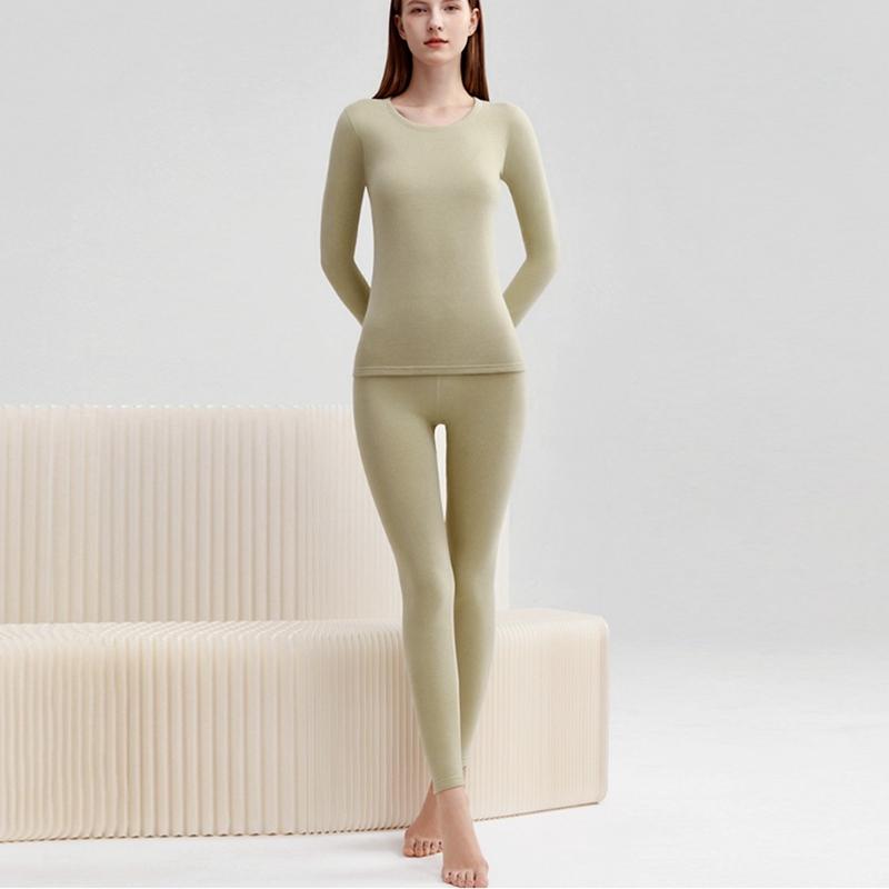 Women Autumn and Winter Solid Color Crew Neck Thermal Underwear Set