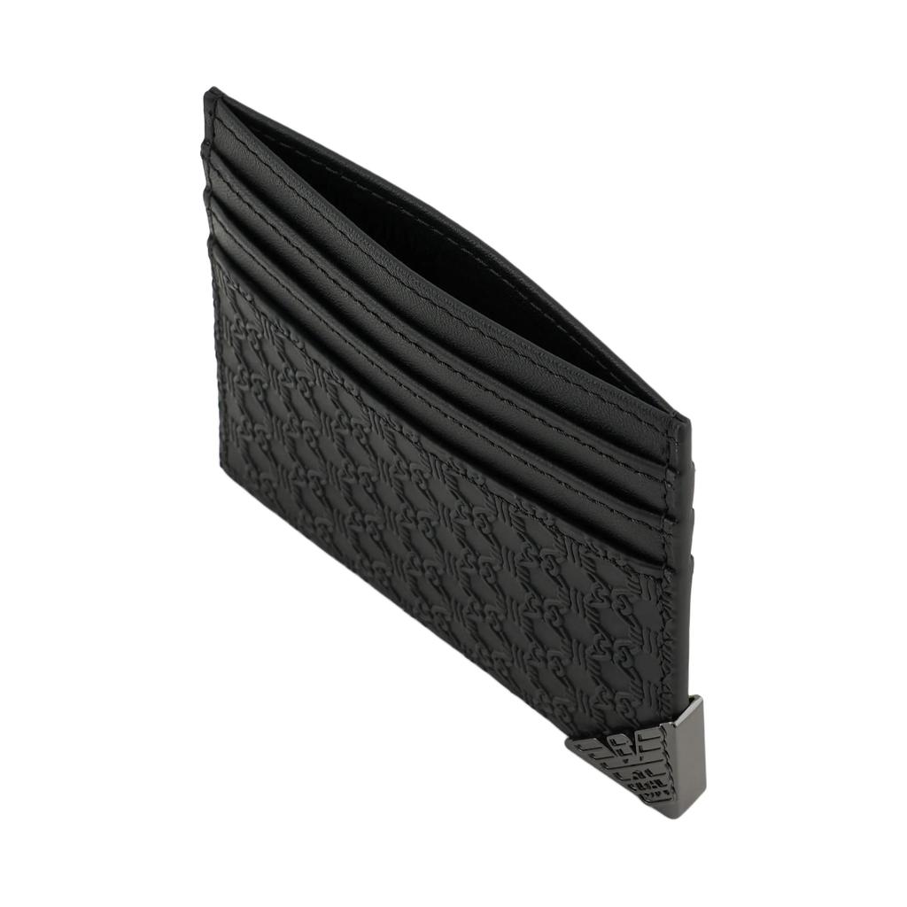 Emporio Armani Flat Multi-Card Slot Decorative Embossed Leather Card Holder Men Card Holder Black YEM320-YQ82X-80001