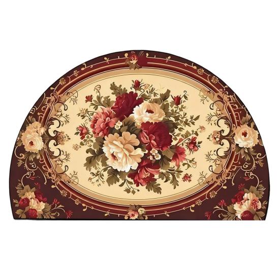 Floral Doormat Absorbent Half Round Floor Mat Non-Slip Door Mat Decorative Entrance Rug for Living Room Bathroom Kitchen