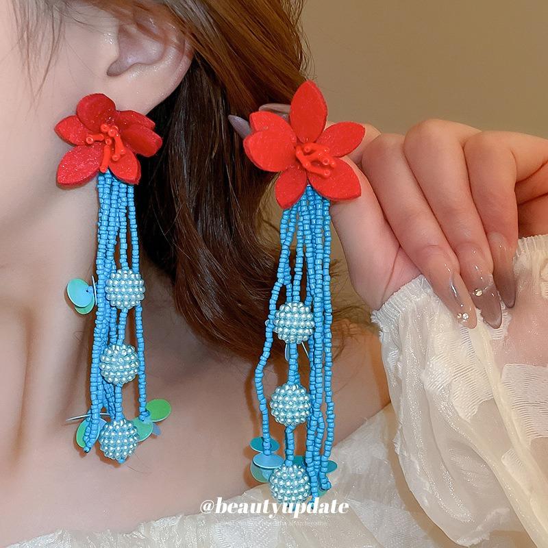 Silver needle small fresh red and blue flower rice beads beaded long fringed earrings ins fashion earrings atmosphere earrings
