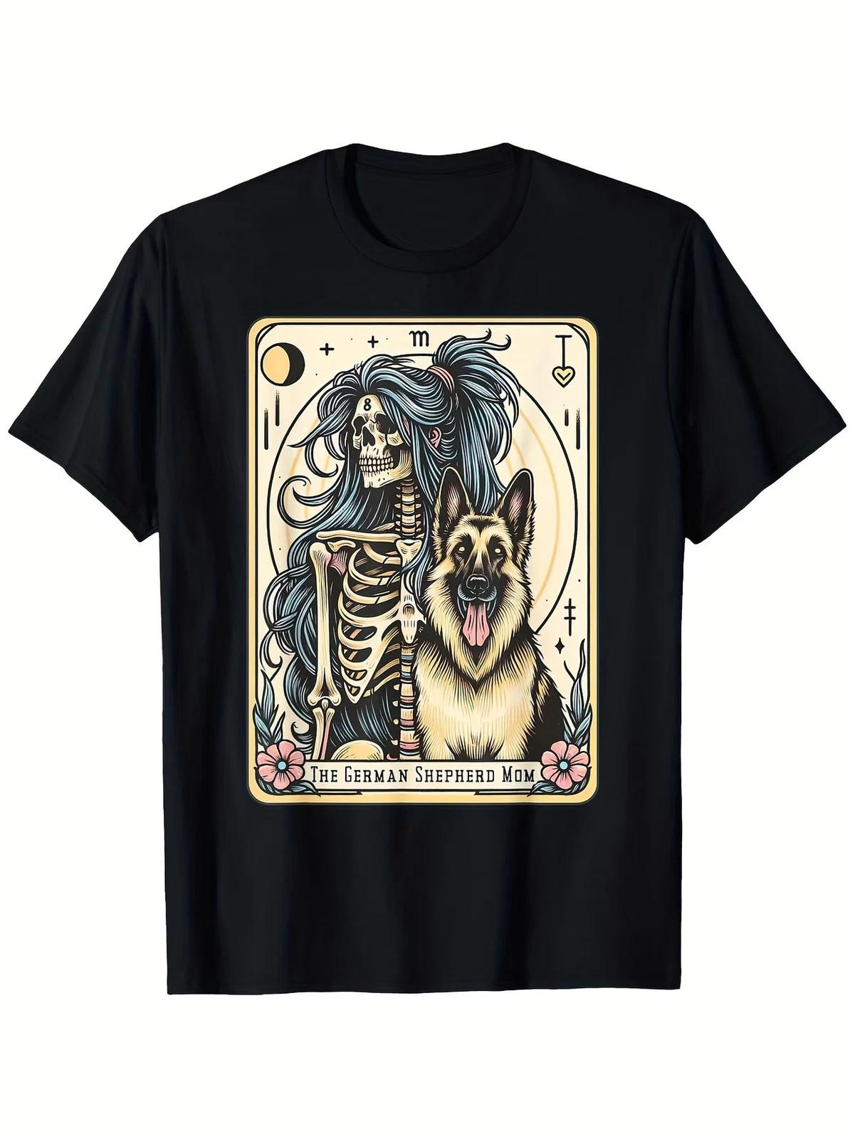 1pc Men S Retro German Shepherd Mom Tarot Card T-Shirt - Witchy Vibes Skeleton & XXXL