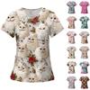 Women's Fashion Printed Short Sleeve V Neck Pattern Tops Pocket Working T-shirts