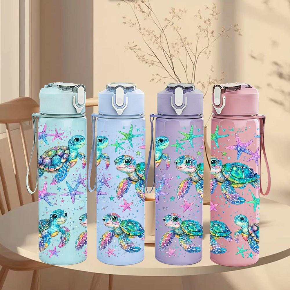 1PC Ocean Sea Turtle Starfish Print 750ml Color Plastic Sports Water Bottle Leakproof Flip Straw Lid Suitable for Sports Office Home Use