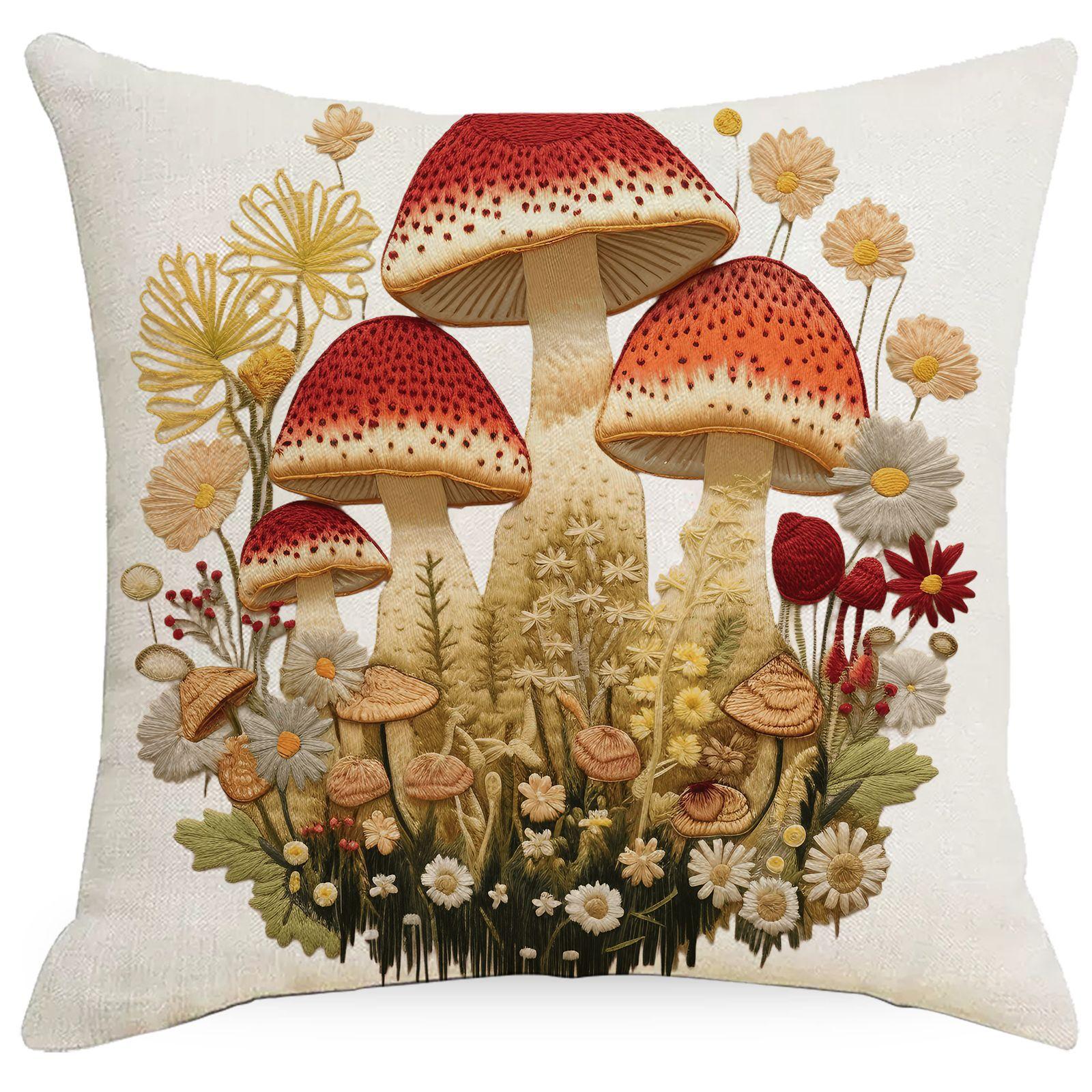 Новая наволочка с 3D-визуальным принтом грибов, имитация вышивки, украшение для домашнего дивана, льняная, для спальни, премиум 45 * 45Cm