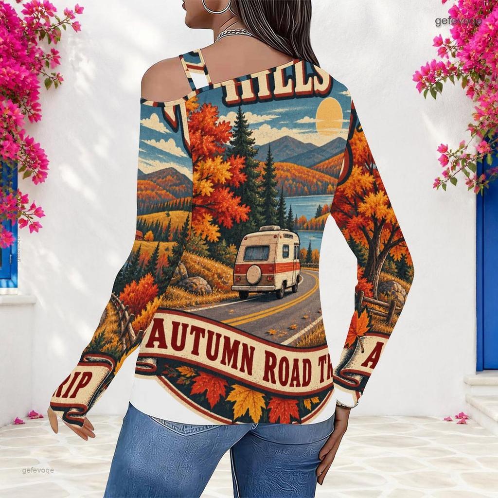 Women Plus Size Asymmetric Cutout Neck Cold Shoulder Fitted Long Sleeve Beach Printed Top