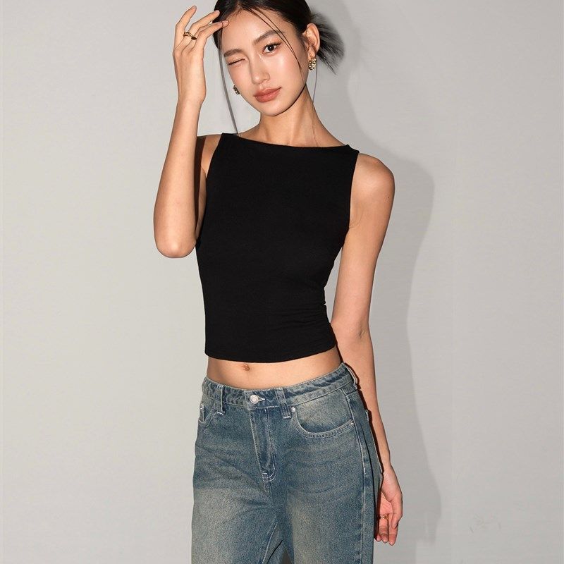 

Women Double Layer Boat Neck Soft Slinky Tank Top L